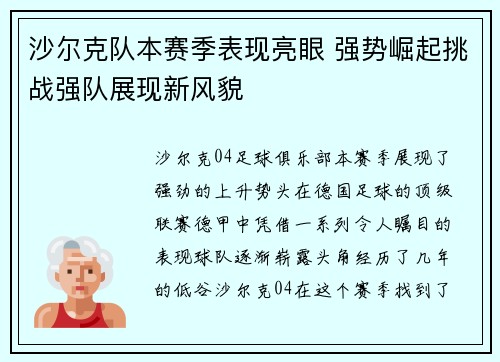 沙尔克队本赛季表现亮眼 强势崛起挑战强队展现新风貌