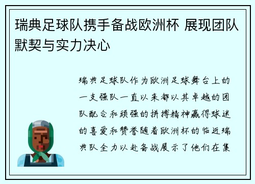 瑞典足球队携手备战欧洲杯 展现团队默契与实力决心