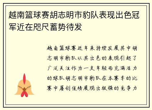 越南篮球赛胡志明市豹队表现出色冠军近在咫尺蓄势待发