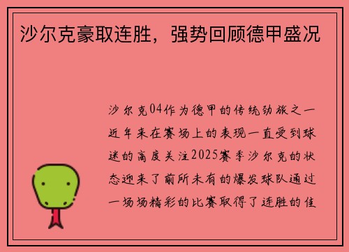 沙尔克豪取连胜，强势回顾德甲盛况