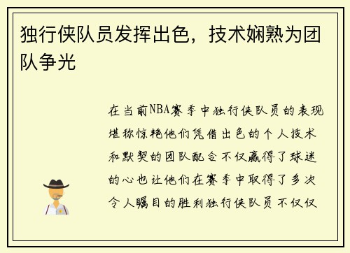 独行侠队员发挥出色，技术娴熟为团队争光