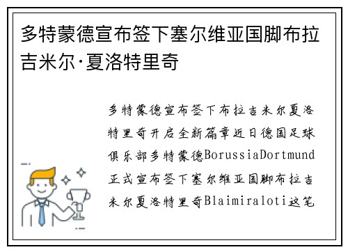 多特蒙德宣布签下塞尔维亚国脚布拉吉米尔·夏洛特里奇