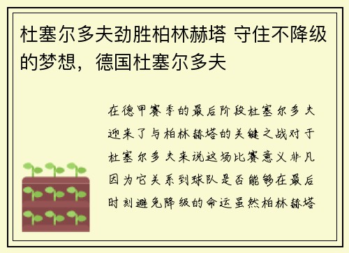 杜塞尔多夫劲胜柏林赫塔 守住不降级的梦想，德国杜塞尔多夫