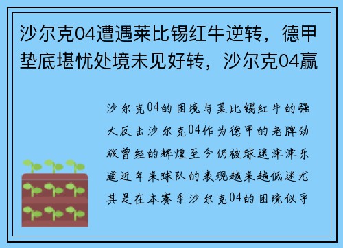 沙尔克04遭遇莱比锡红牛逆转，德甲垫底堪忧处境未见好转，沙尔克04赢了