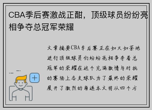 CBA季后赛激战正酣，顶级球员纷纷亮相争夺总冠军荣耀
