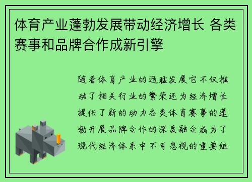 体育产业蓬勃发展带动经济增长 各类赛事和品牌合作成新引擎