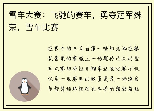 雪车大赛：飞驰的赛车，勇夺冠军殊荣，雪车比赛